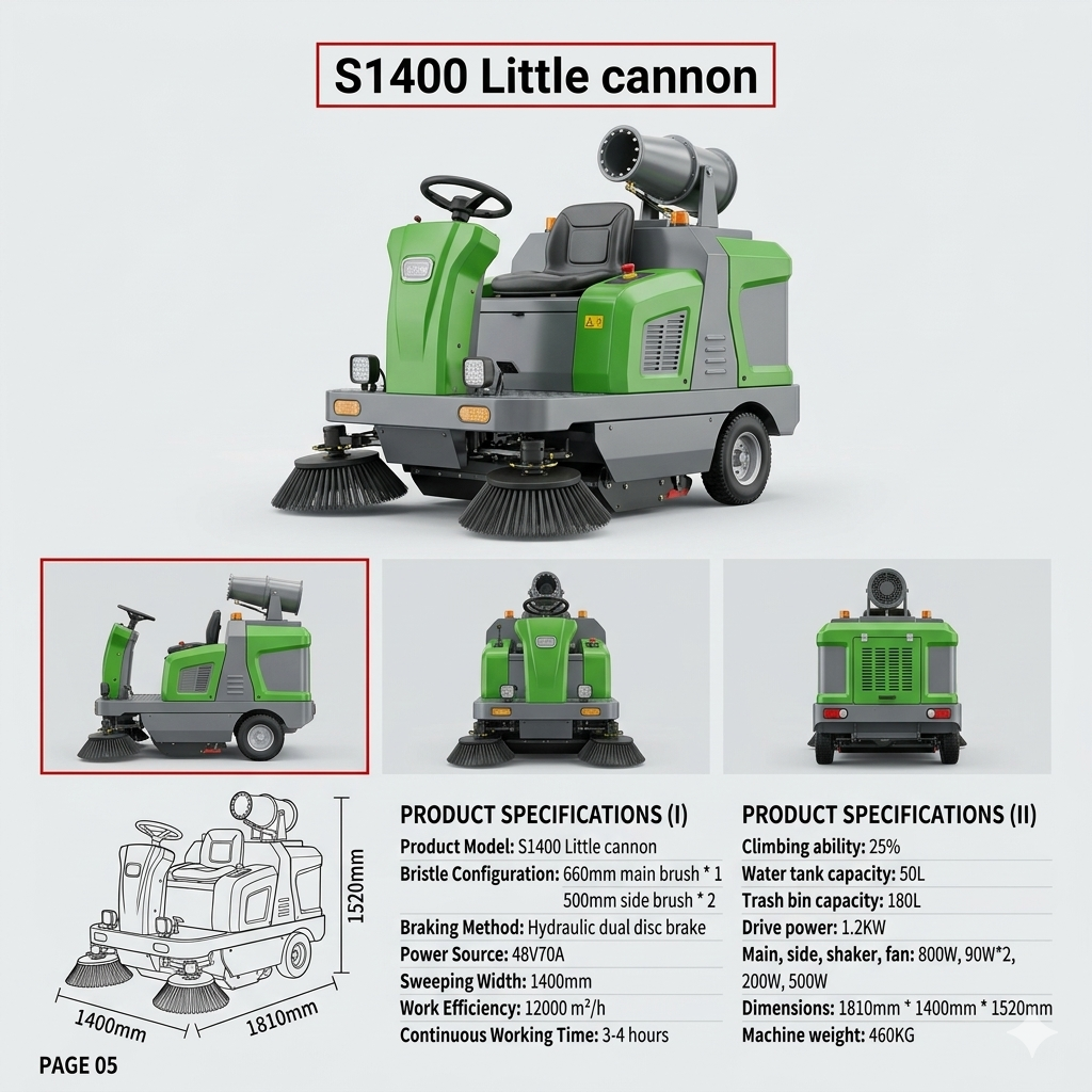 s1400-little-cannon-ride-on-sweeper-compact-power-with-integrated-dust-suppression