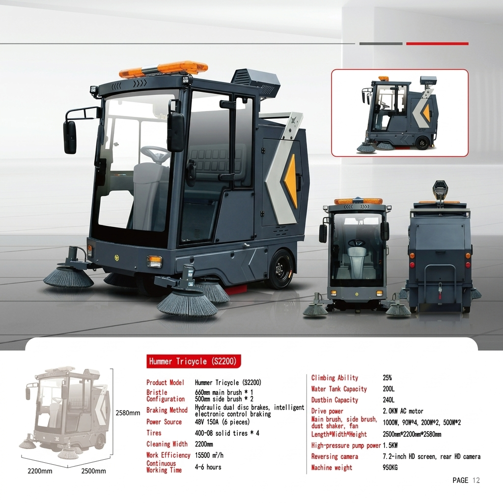 hummer-tricycle-ride-on-street-sweeper-enclosed-cabin-industrial-cleaning-machine